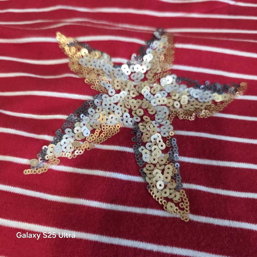 Croft & Barrow T Shirt Womens L Red White Striped Sequin Starfish Coastal - Picture 3 of 10